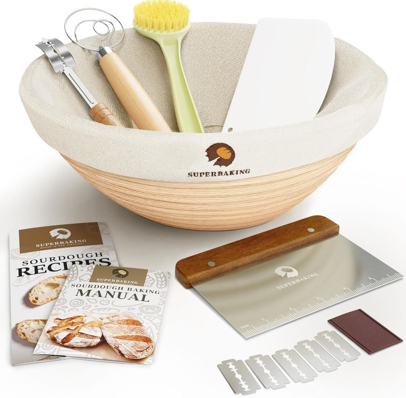Photo 1 of Superbaking Banneton Bread Proofing Basket, Sourdough Bread Baking Supplies, Round 9 Inch Sourdough Starter Kit, Proofing Basket for Baking, Bread Making Supplies Tools, Banneton Basket Gift Set
