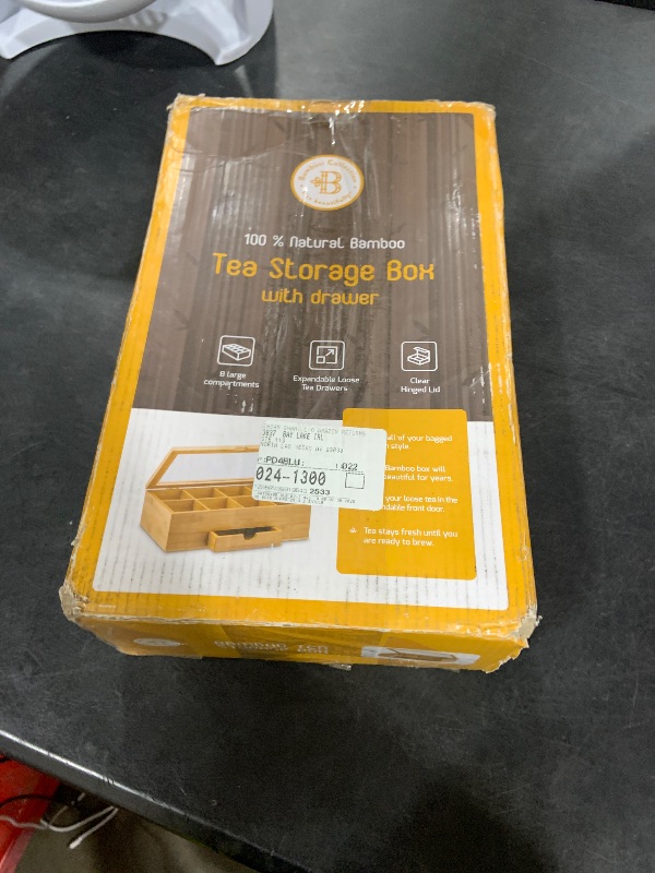 Photo 1 of BAMBUSI Tea Bag Organizer - Bamboo Tea Box Storage with Drawer & Acrylic Window, Tea Organizer Holder, Tea Bag Holder, Tea Storage Box, Tea Box Organizer, Gift Idea for Home Kitchen (Tea Not Included)