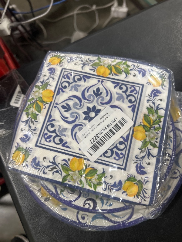 Photo 1 of Adecortalk 108 PCS Capri Lemon Party Plates and Napkins Blue Tiles Mediterranean Party Decor Disposable Tableware Sets Baby Shower Birthday Decorations Supplies Favors for 36 Guests