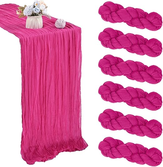 Photo 1 of 6 Pack 10FT Hot Pink Cheesecloth Table Runner 35x120 Inch Gauze Rustic Boho Table Runner Cheese Cloth for Wedding Decor Birthday Party Bridal Baby Shower Table Centerpiece Decoration
