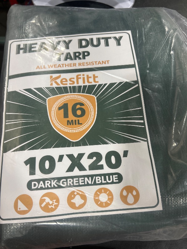 Photo 1 of Kesfitt Tarp Heavy Duty Waterproof 10x20FT,16 Mil Thick Tarps Tear&Fade Resistant,UV Resistant,Poly Tarp Cover with Grommets and Reinforced Edges for Outdoor Camping Pools Boat Car(Green/Blue)