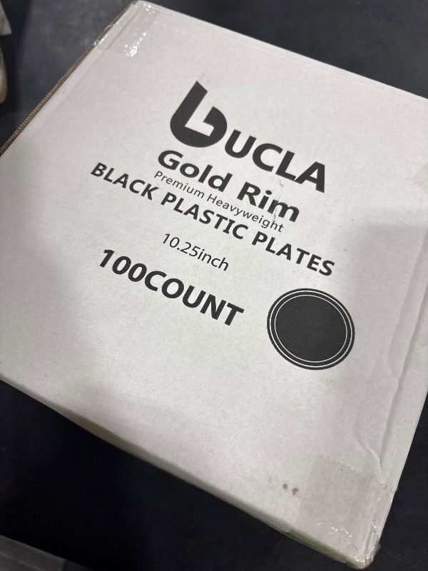 Photo 1 of bUCLA 100 Pieces Black and Gold Plastic Dinner Plates - 10.25 inch Black Disposable Plates with Gold Rim - Ideal for Party, Graduation & Fathers Day