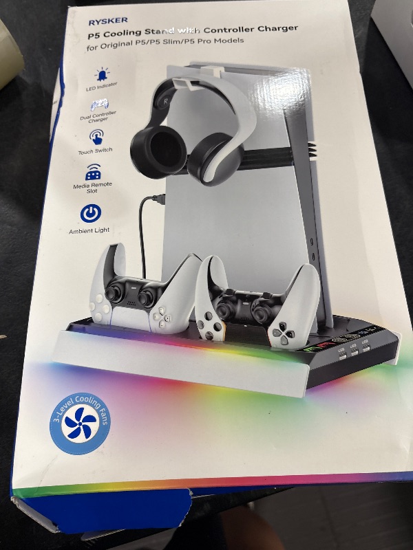 Photo 1 of PS5/Slim/Pro Stand for Disc & Digital Console, PS5 Cooling & Charging Station with RGB Ambient Lighting, PS5 Controller Charger Built-in 3 Level Fan, PS5/Slim/Pro Accessories for PlayStation 5 Case