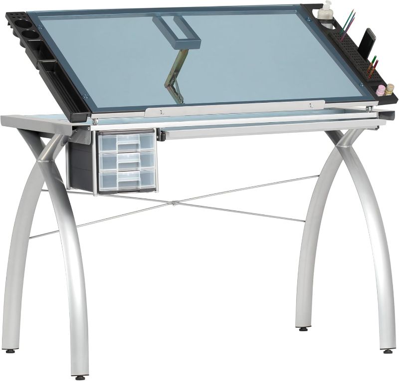Photo 1 of SD STUDIO DESIGNS Futura Crafting, Drafting, Drawing Table with Adjustable Top, Silver/Blue Glass