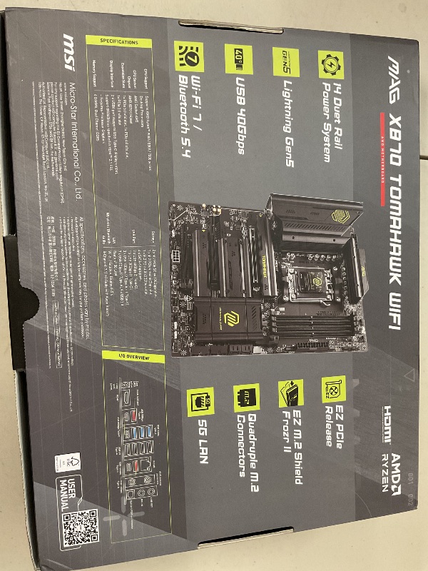 Photo 1 of MSI MAG X870 Tomahawk WiFi Gaming Motherboard (AMD Ryzen 9000/8000/7000 Series Processors, AM5, DDR5, PCIe 5.0, M.2 Gen5, SATA 6Gb/s, USB 40Gbps, HDMI/DP, Wi-Fi 7, Bluetooth 5.4, 5Gbps LAN, ATX)