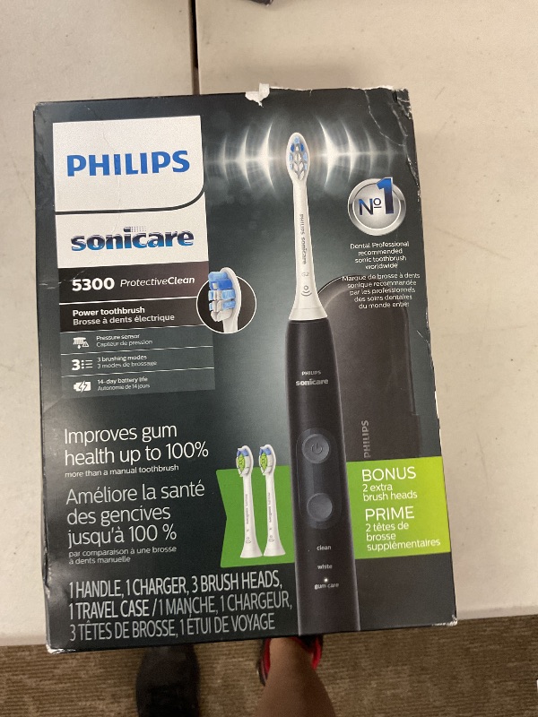 Photo 1 of Philips Sonicare ProtectiveClean 5300 Rechargeable Electric Toothbrush, with Pressure Sensor, 3 Cleaning Modes, SmarTimer and QuadPacer, with 2 Bonus Brush Heads, Travel Case, Black, Model HX6423/34