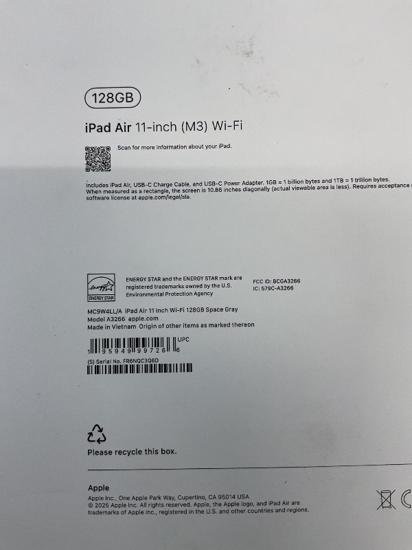 Photo 1 of Apple iPad Air 11-inch with M3 chip Built for Apple Intelligence, Liquid Retina Display, 128GB, 12MP Front/Back Camera, Wi-Fi 6E, Touch ID, All-Day Battery Life — Space Gray