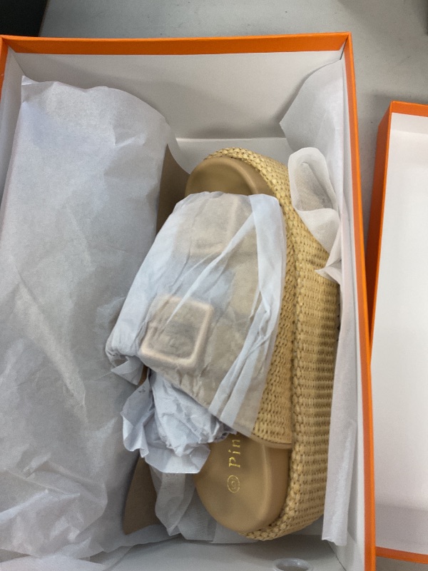 Photo 1 of pinokino Platform Sandals for Women Espadrille Wedges Summer Beach Comfortable Open Toe Cute Woven Straw Crochet Vacation Slides Mules Casual Natural Raffia Size 6