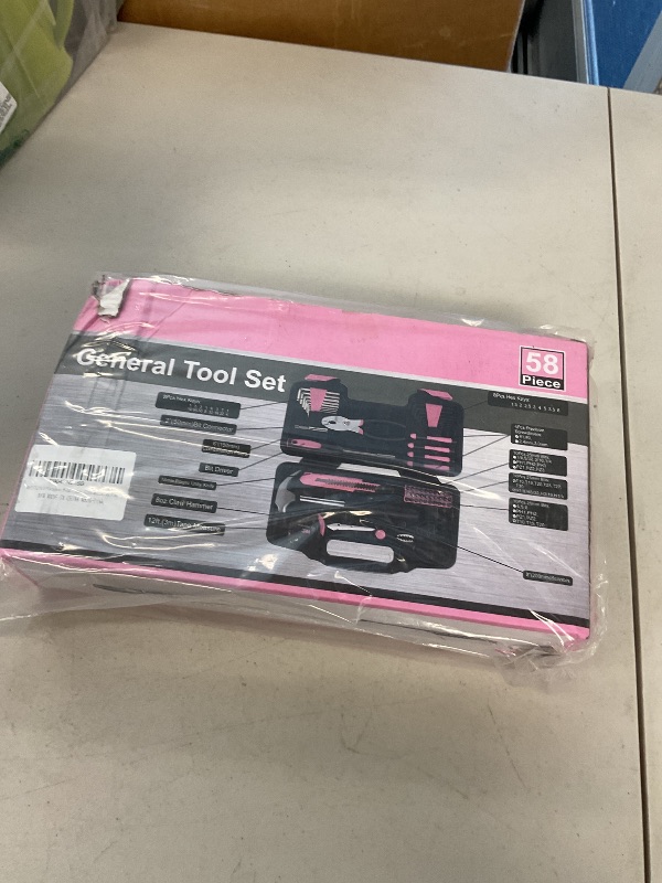 Photo 1 of MARTCOLOR 58 Piece Household Tool Set, General Household Hand Tool Kit with Plastic Toolbox Storage Case, All Purpose Household Tool Kit for Women, Girls and Ladies, Pink