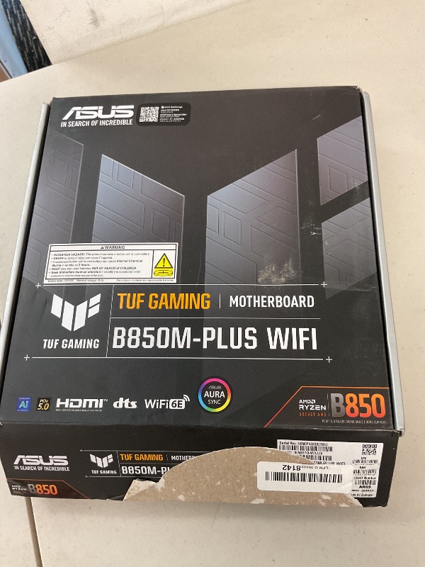 Photo 1 of ASUS TUF Gaming B850M-PLUS WiFi AMD AM5 B850 mATX Motherboard, 14+2+1 80A DrMOS Stages, DDR5, PCIe 5.0, 3X M.2, Wi-Fi 6E, 2.5Gb LAN, DP, HDMI™, USB 10Gbps & 20Gbps Type-C®, BIOS Flashback™, Aura Sync