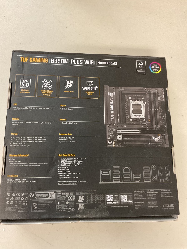 Photo 1 of ASUS TUF Gaming B850M-PLUS WiFi AMD AM5 B850 mATX Motherboard, 14+2+1 80A DrMOS Stages, DDR5, PCIe 5.0, 3X M.2, Wi-Fi 6E, 2.5Gb LAN, DP, HDMI™, USB 10Gbps & 20Gbps Type-C®, BIOS Flashback™, Aura Sync