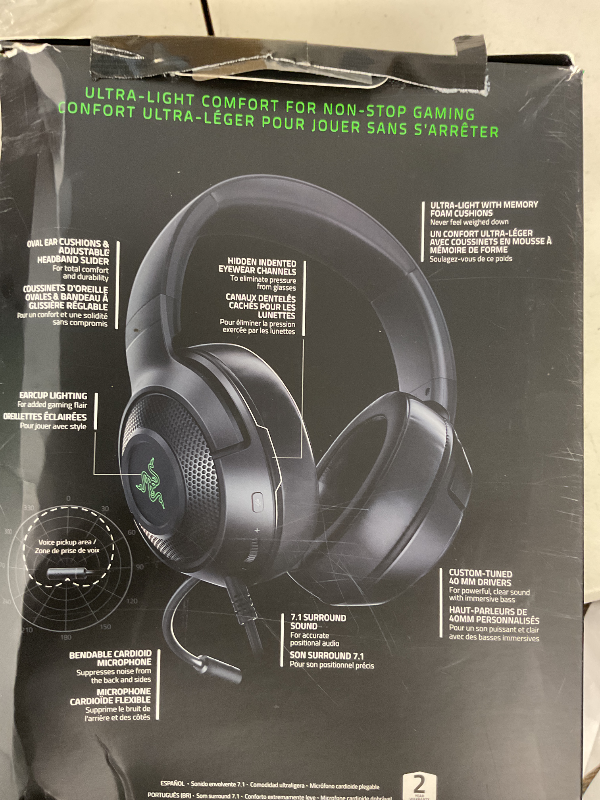 Photo 1 of Razer Kraken X USB Ultralight Gaming Headset: 7.1 Surround Sound - Lightweight Frame - Green Logo Lighting - Integrated Audio Controls - Bendable Cardioid Microphone - for PC - Classic Black