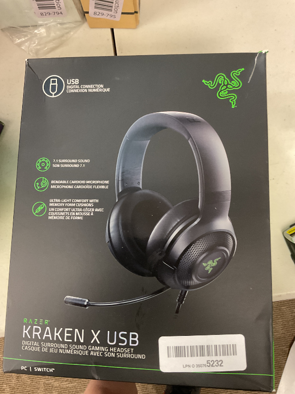 Photo 1 of Razer Kraken X USB Ultralight Gaming Headset: 7.1 Surround Sound - Lightweight Frame - Green Logo Lighting - Integrated Audio Controls - Bendable Cardioid Microphone - for PC - Classic Black