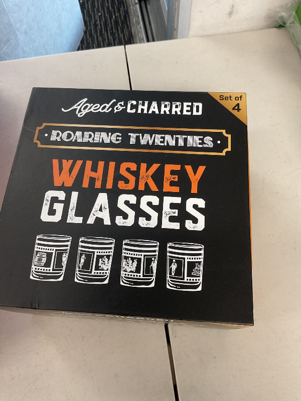 Photo 1 of Roaring 20s Party Decorations Whiskey Glasses Set – Premium Crystalline Glassware with Elegant Gift Box – Set of 4 Crystal Clear Unique and Stylish Vintage Whiskey Bourbon Glass Gifts for Men