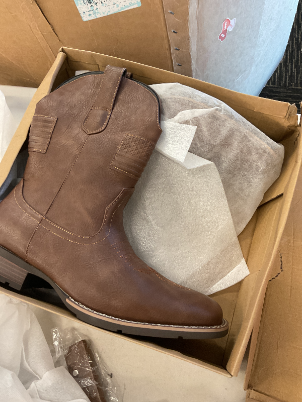 Photo 1 of Platikly Cowboy Boots For Men - Mens Square Toe Western Boot With Flag, Brown Faux Leather Booties, Botas Para Hombre Vaqueras Suitable For Concert, Daily, Wedding 12M