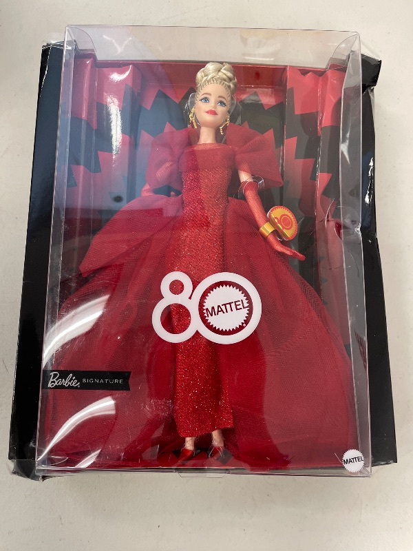 Photo 1 of Barbie Signature Doll, Mattel 80th Anniversary Collectible in Glittery Red Tulle Gown with Drop Earrings and Sheer Gloves, Blonde Hair