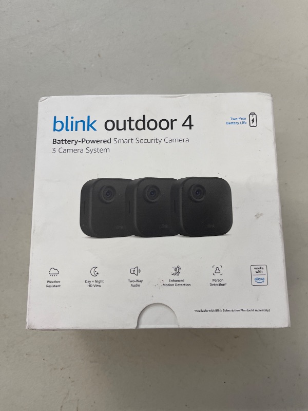 Photo 1 of Blink Outdoor 4 (newest model), Wireless smart security camera, two-year battery, 1080p HD day and infrared night live view, two-way talk – 3 camera system