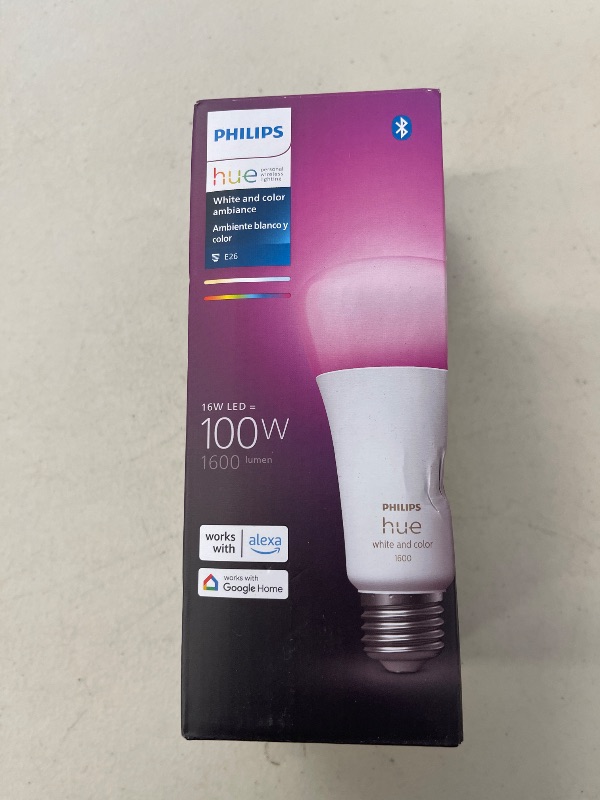 Photo 1 of Philips Hue Smart 100W A21 LED Bulb - White and Color Ambiance Color-Changing Light - 1 Pack - 1600LM - E26 - Indoor - Control with Hue App - Works with Alexa, Google Assistant and Apple Homekit