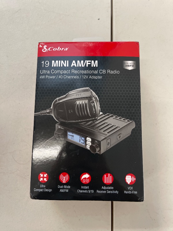 Photo 1 of Cobra 19 MINI AM/FM Recreational CB Radio - Dual-Mode AM/FM, 40 Channels, Travel Essentials, Time Out Timer, VOX, Auto Squelch, Auto Power, Instant Channel 9/19, 4-Watt Output, Easy to Operate, Black