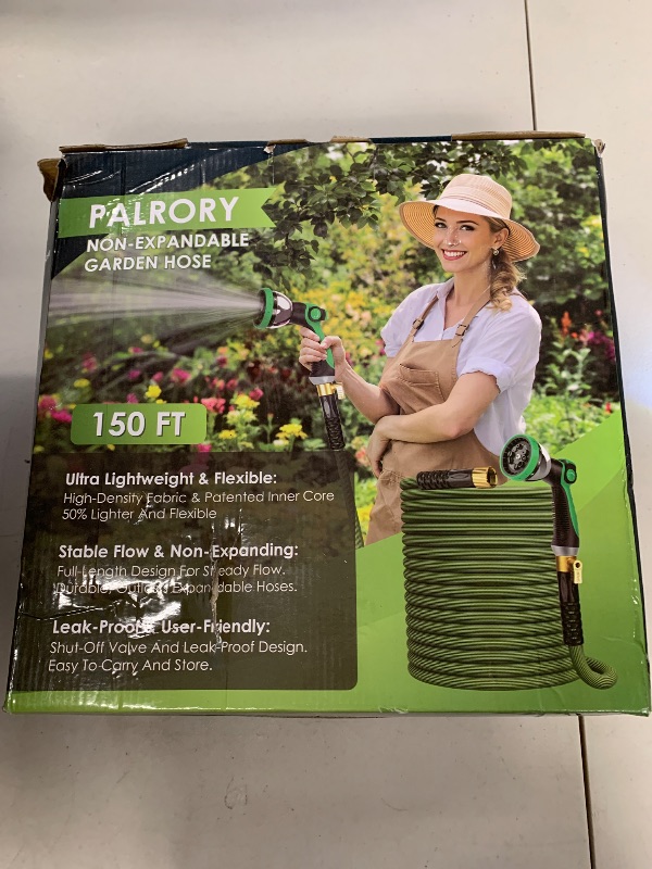 Photo 1 of PALRORY Non-Expandable Garden Hose 150 ft, Ultra Lightweight Flexible Water Hose with 10-Pattern Nozzle, Leak-Proof, High-Density Fabric, Thickened Connector, Shut-Off Valve for Yard, Lawn, Outdoor