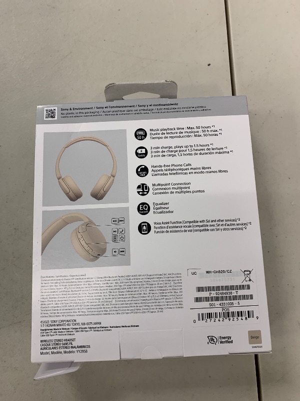 Photo 1 of Sony WH-CH520 Best Wireless Bluetooth On-Ear Headphones with Microphone for Calls and Voice Control, Up to 50 Hours Battery Life with Quick Charge Function, Includes USB-C Charging Cable - Beige