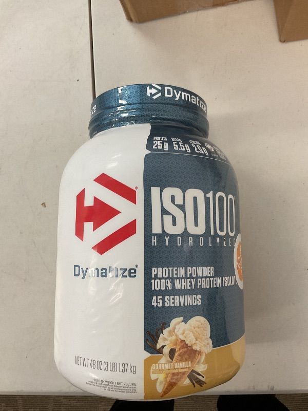Photo 1 of Dymatize ISO100 Whey Protein Powder Isolate, Vanilla, 25g of Protein, 3 Pound, 5.5g BCAAs, Less Than 120 Cal., Gluten Free, 1g Fat, 1g Sugar, 2g Carb (45 Servings)