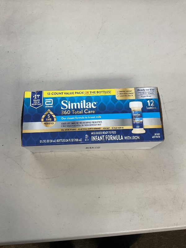 Photo 1 of Similac 360 Total Care Infant Formula, Has 5 HMO Prebiotics, Our Closest Prebiotic Blend to Breast Milk, Non-GMO,‡ Baby Formula, Ready to Feed, 2-fl-oz Bottle, Pack of 12