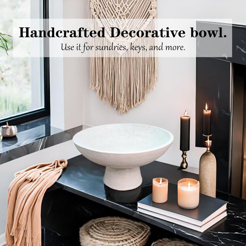 Photo 1 of Large Decorative Fruit Bowl for Kitchen Counter - 11.8 Inch Handcrafted Resin Pedestal Bowls for Home Decor, Modern Key Purse Bowl for Entryway Table, Off-White Stone travertine Decor