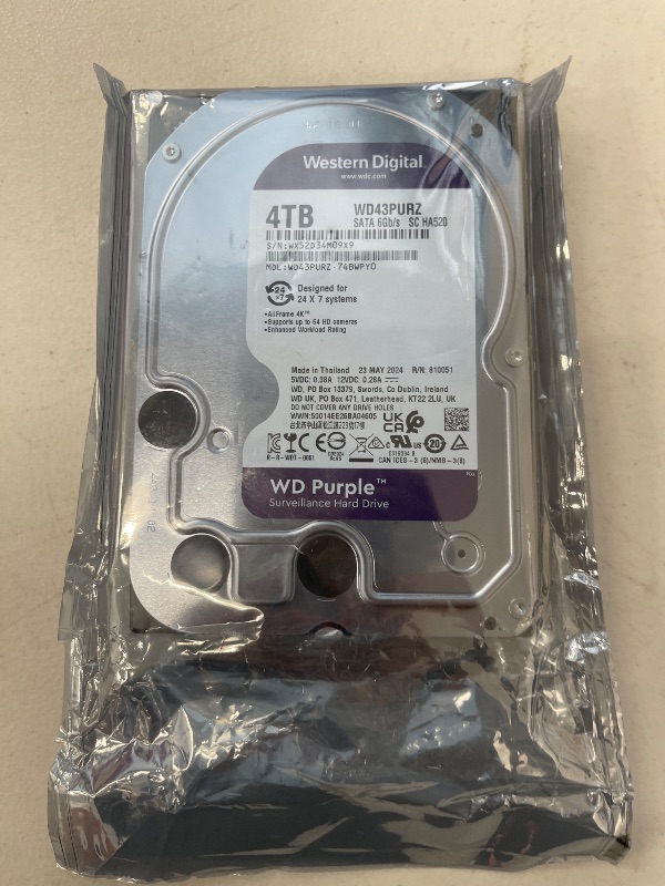 Photo 1 of Western Digital 4TB WD Purple Surveillance Internal Hard Drive HDD - SATA 6 Gb/s, 256 MB Cache, 3.5" - WD43PURZ
