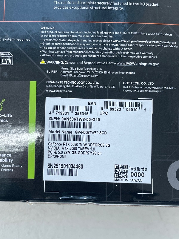 Photo 1 of Gigabyte GeForce RTX 5060 Ti WINDFORCE 8G Graphics Card - 8GB GDDR7, 128bit, PCI-E 5.0, 2572MHz Core Clock, 3 x DisplayPort, 1 x HDMI, GV-N506TWF2-8GD