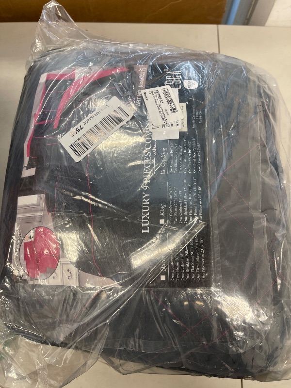 Photo 1 of ESCA Bed-in-a-Bag 9-Pieces Black Pink Comforter and Sheet Set Cal King Size Bed in Bag