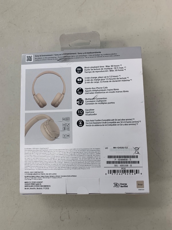 Photo 1 of Sony WH-CH520 Best Wireless Bluetooth On-Ear Headphones with Microphone for Calls and Voice Control, Up to 50 Hours Battery Life with Quick Charge Function, Includes USB-C Charging Cable - Beige