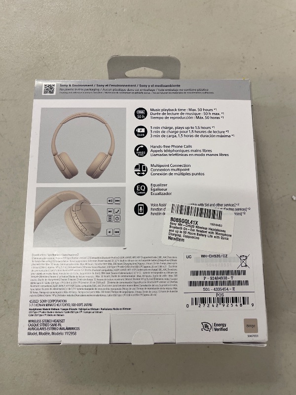 Photo 1 of Sony WH-CH520 Wireless Headphones Bluetooth On-Ear Headset with Microphone and up to 50 Hours Battery Life with Quick Charging, Cappuccino