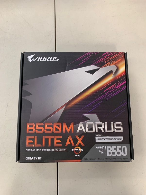 Photo 1 of GIGABYTE B550M AORUS Elite AX (rev 1.3) Motherboard, Supports AMD AM4 Ryzen 5000 Processors, Micro-ATX, DDR4, Single M.2, SATA 6Gb/s, Realtek GbE LAN, PCIe 4.0