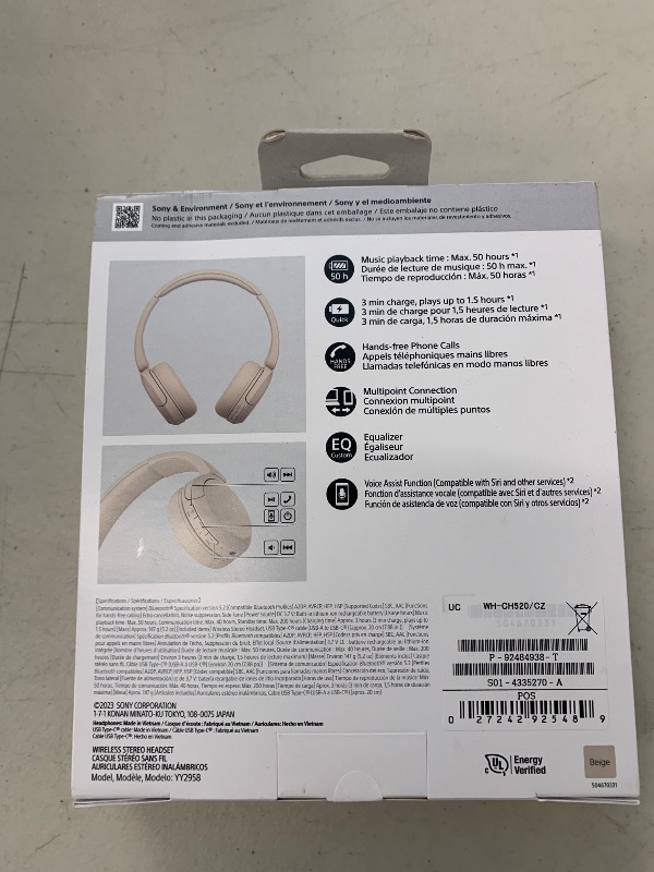 Photo 1 of Sony WH-CH520 Best Wireless Bluetooth On-Ear Headphones with Microphone for Calls and Voice Control, Up to 50 Hours Battery Life with Quick Charge Function, Includes USB-C Charging Cable - Beige