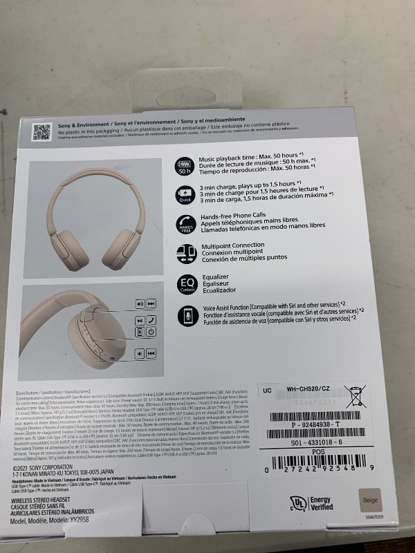 Photo 1 of Sony WH-CH520 Best Wireless Bluetooth On-Ear Headphones with Microphone for Calls and Voice Control, Up to 50 Hours Battery Life with Quick Charge Function, Includes USB-C Charging Cable - Beige
