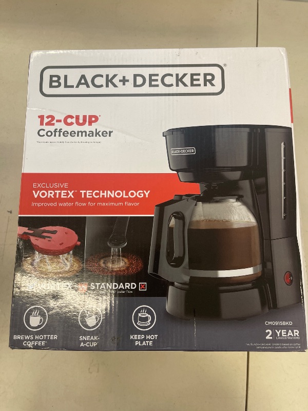 Photo 1 of BLACK+DECKER 12-Cup Coffee Maker with Easy On/Off Switch, Easy Pour, Non-Drip Carafe with Removable Filter Basket, Vortex Technology, Black