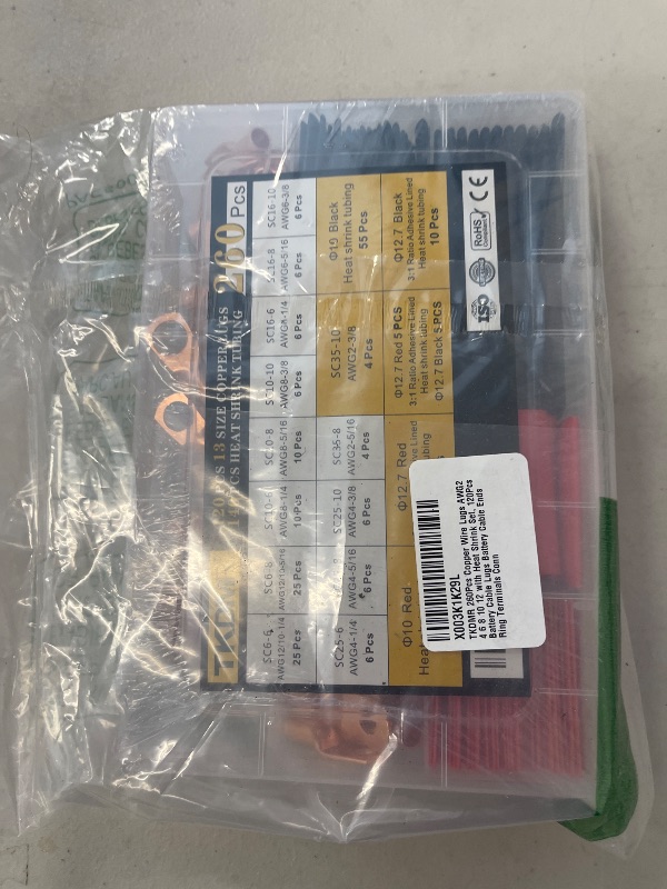 Photo 1 of TKDMR 260Pcs Copper Wire Lugs AWG2 4 6 8 10 12 with Heat Shrink Set, 120Pcs Battery Cable Lugs Battery Cable Ends Ring Terminals Connectors with 140Pcs Heat Shrink Tubing Assortment Kit