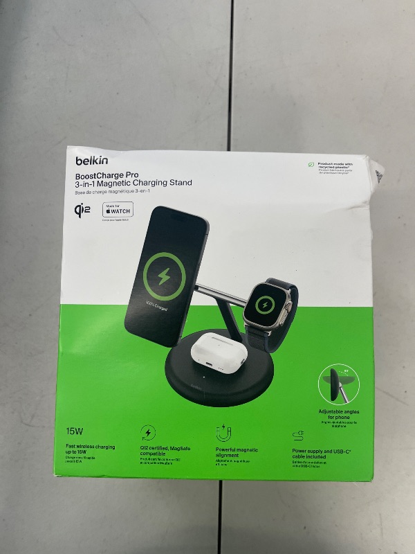 Photo 1 of Belkin MagSafe-Compatible 3-in-1 Wireless Charger Stand 15W - Qi2-Certified Wireless Charging Station, Fast Charging of iPhone 16, AirPods, & Apple Watch - 36W Included - Black