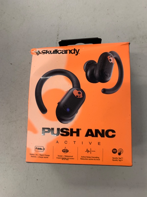 Photo 1 of Skullcandy Push ANC Active Wireless Earbuds, Bluetooth Headphones, Noise Cancelling, 58 Hours Battery, Secure-Fit Over-Ear Hanger, Sweat and Waterproof, Microphone for iPhone Android - Black/Orange