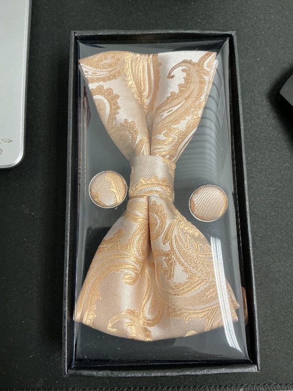 Photo 1 of RBOCOTT Gold Paisley Bow Tie and Pocket Sqaure Set with Lapel Pin and Cufflinks for Men(7)