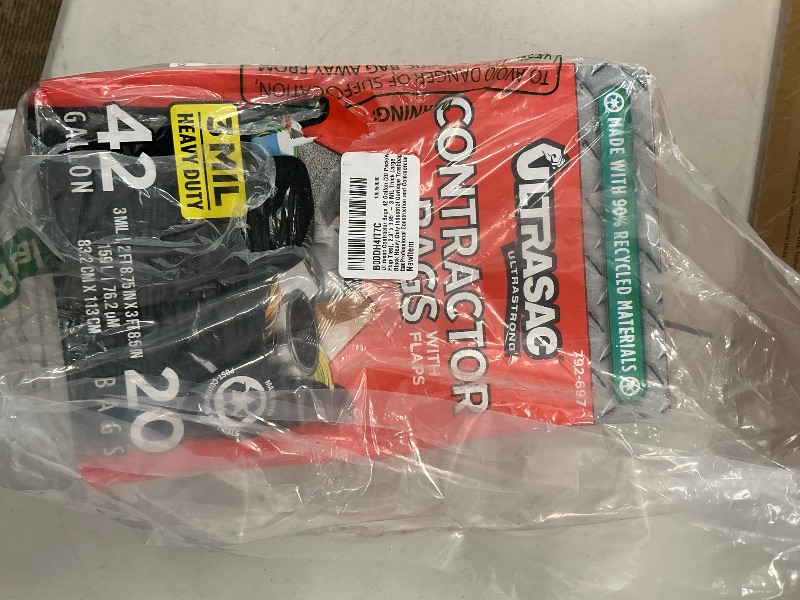 Photo 1 of Ultrasac Contractor Bags 42 Gallon (20 PACK/w FLAP TIES), 32.75 x 44.5-3 MIL Thick Large Black Heavy Duty Industrial Garbage Trashbags for Professional Construction and Commercial use