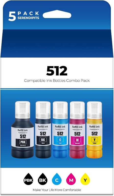 Photo 1 of 512 Ink Refill Bottles ET-7700 ET-7750 Replacement for 512 Ink Refill Bottles Black Works for ET 7700 ET 7750 Eco Tank ET7700 ET7750 Printer, 5 Pack 512 Ink Refill Bottles (2BK C M Y)