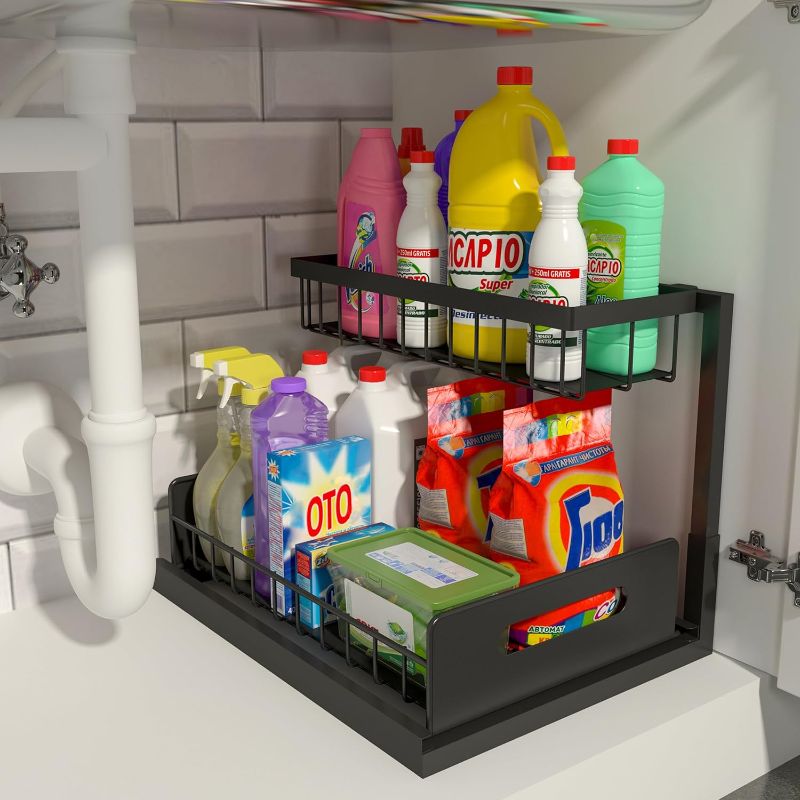 Photo 1 of REALINN Under Sink Organizer, Pull Out Cabinet Storage 2 Tier Slide Out Sink Shelf, Kitchen Organizers and Storage, Black, 1 Pack