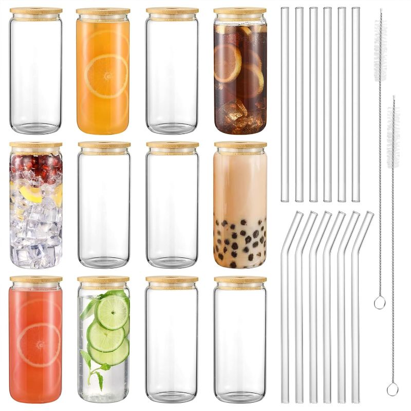 Photo 1 of Glass Cups with Lids and Straws 20oz, 12psc Glass Drinking Set, Beer Can Cups with Bamboo Lids, Tumbler Cup with Straw for Ice Coffee, Cocktail, Whiskey, Soda Boba Tea -2 Cleaning Brushes.