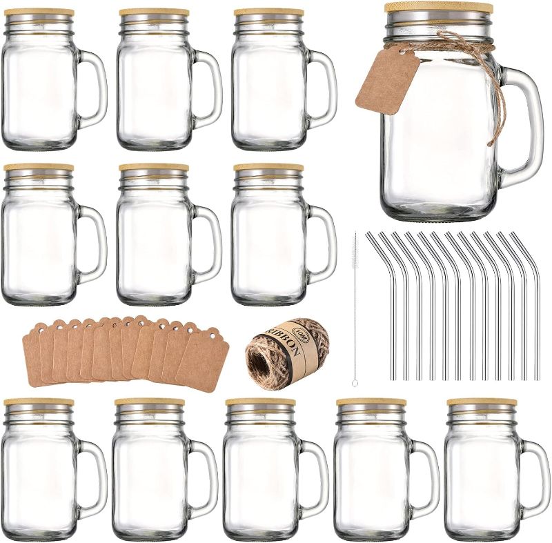Photo 1 of  16 oz Mason Jars with Handle, Mason Jar Cups, Glass Cups with Lids and Straws, Drinking Glasses Set of 12