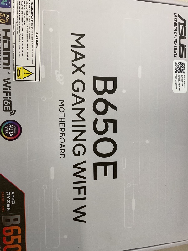 Photo 1 of ASUS B650E MAX Gaming WiFi W – AMD B650 AM5 ATX Motherboard, White PCB, DDR5, PCIe 5.0, 3X M.2, Wi-Fi 6E, 2.5Gb LAN, USB 10Gbps Type-C, DisplayPort, HDMI™, BIOS Flashback™, Aura Sync, Advanced AI PC