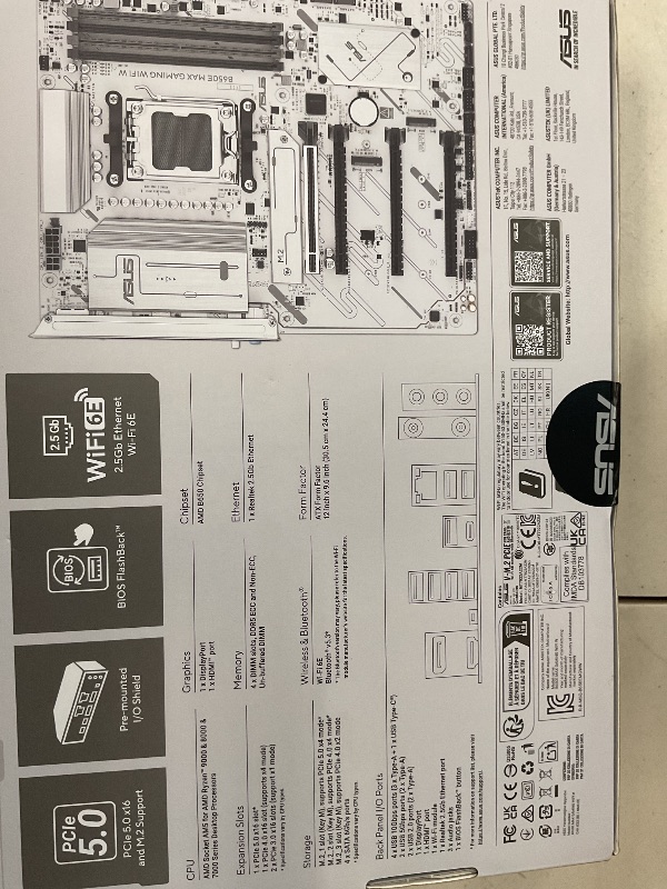 Photo 1 of ASUS B650E MAX Gaming WiFi W – AMD B650 AM5 ATX Motherboard, White PCB, DDR5, PCIe 5.0, 3X M.2, Wi-Fi 6E, 2.5Gb LAN, USB 10Gbps Type-C, DisplayPort, HDMI™, BIOS Flashback™, Aura Sync, Advanced AI PC