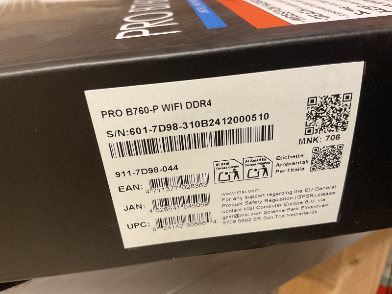 Photo 1 of MSI PRO B760-P WiFi DDR4 ProSeries Motherboard (Supports 12th/13th/14th Gen Intel Processors, LGA 1700, DDR4, PCIe 4.0, M.2, 2.5Gbps LAN, USB 3.2 Gen2, HDMI/DP, Wi-Fi 6E, Bluetooth 5.3, ATX)