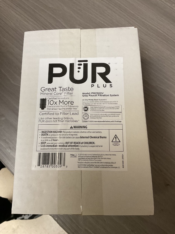 Photo 1 of PUR PLUS Vertical Faucet Mount Water Filtration System, Lead-Reducing Filter, Great-Tasting Water, Easy Install, Lasts 100 Gallons, Compatible with Sinks with External Aerators, Grey